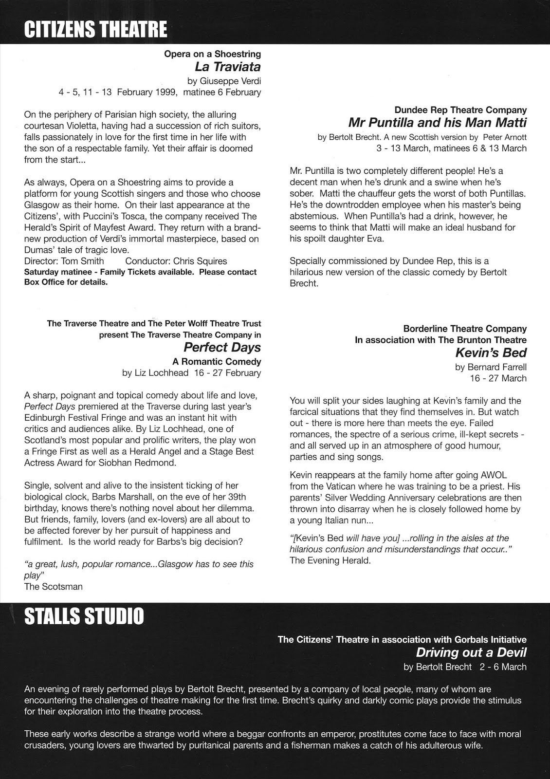 A season listing from 1999 featuring several plays at the Citz, including Driving Out the Devil.