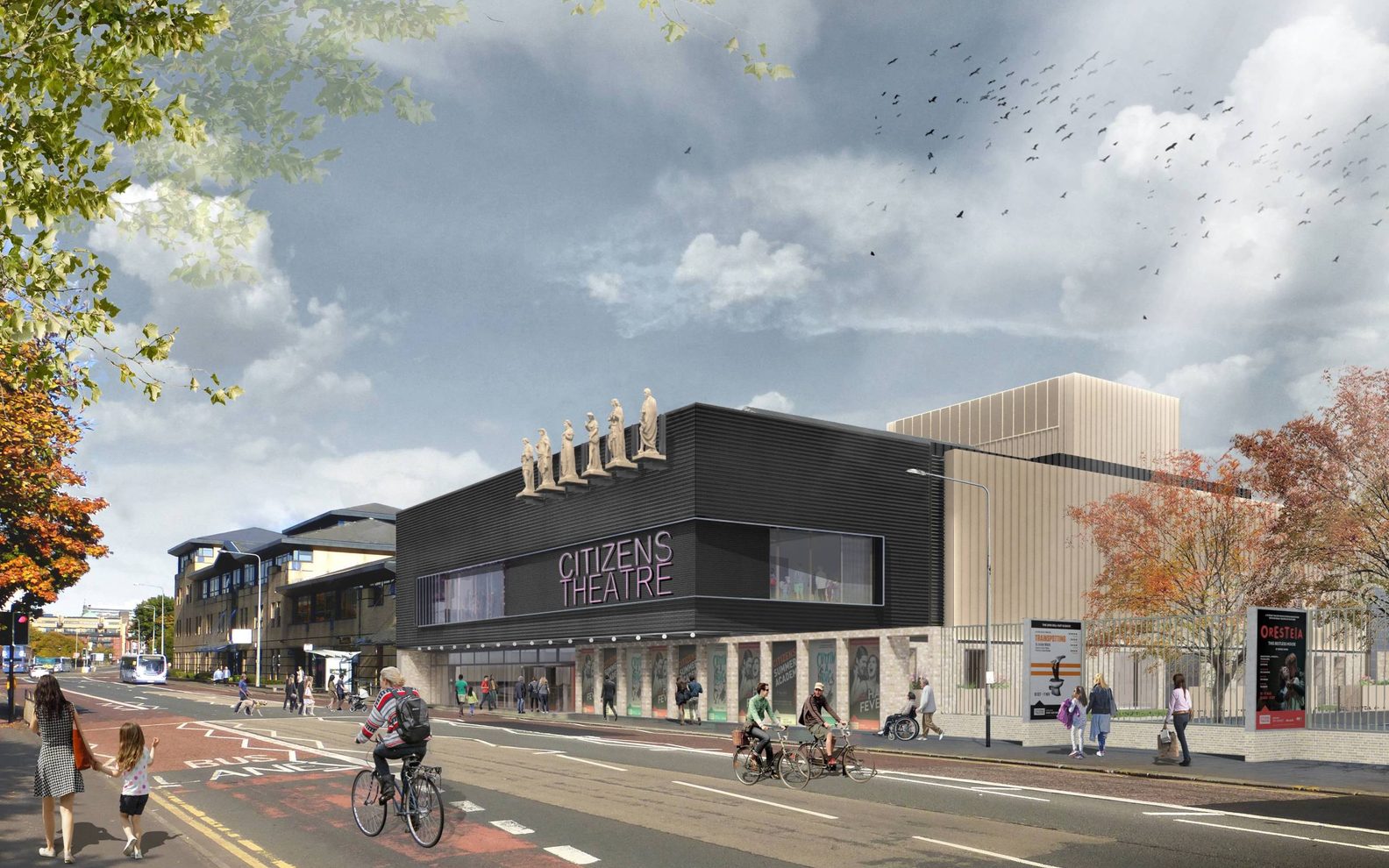 Architect's rendering of the new redeveloped exterior of the Citizens Theatre. The building features a new facade with black cladding, neon pink lettering, and a row of statues on the roof.