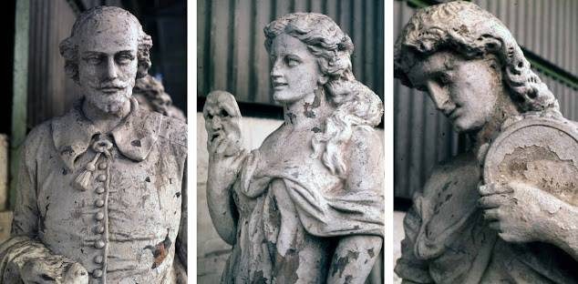photographs of six statues. They are of Robert Burns, William Shakespeare and four Goddesses. They are in very poor condition with flaking paint, dents and chips
