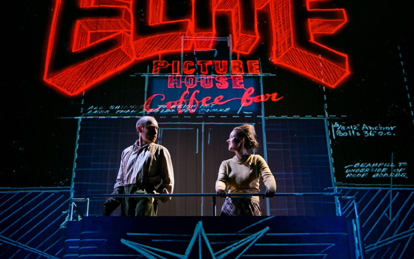 A theatrical production. Two people stand on a platform looking at each other. Writing is projected on the wall behind them that says 'Picture House coffee bar'