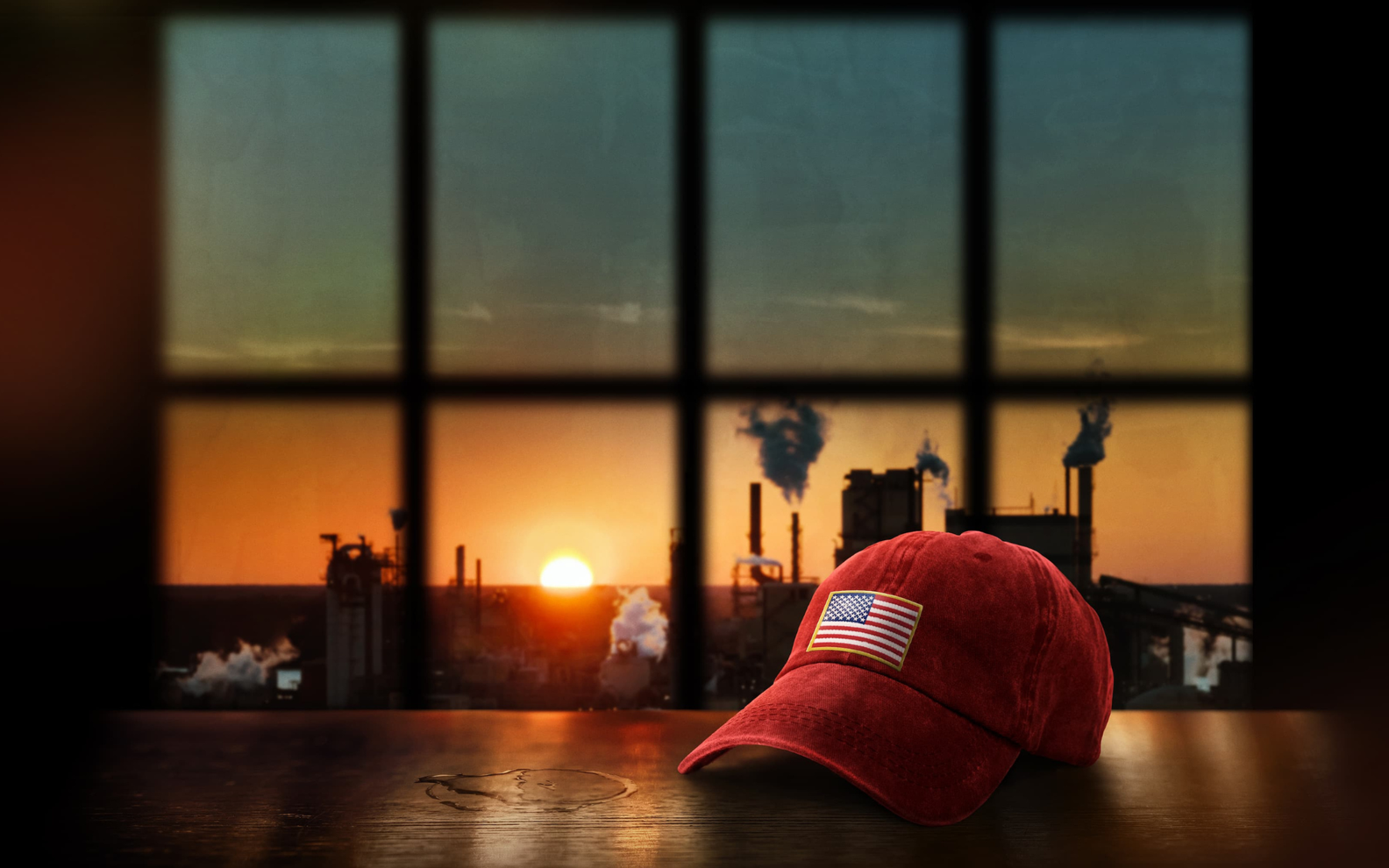 An American cap sitting on a table. Behind is a window where you can see a sunset and industrial chimney.