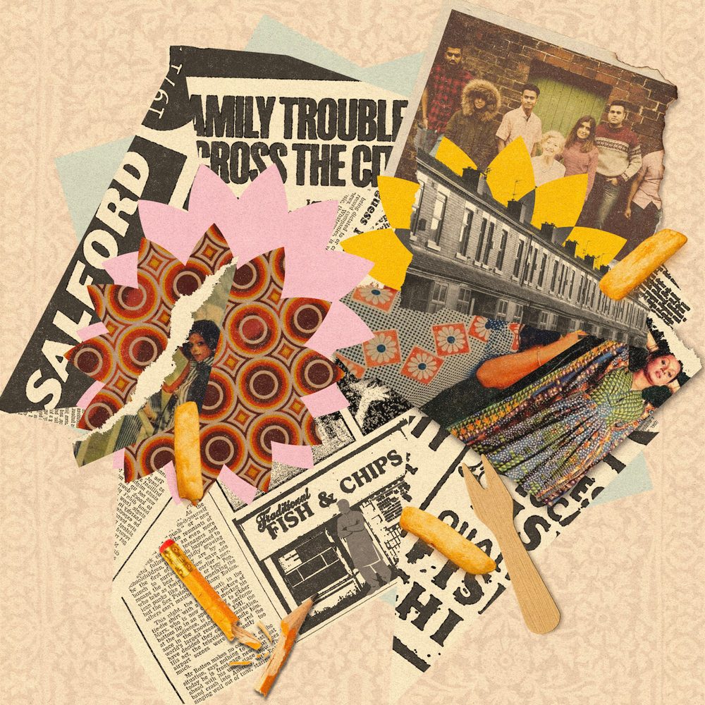 A collage of newspaper, old photos, patterns and chips.