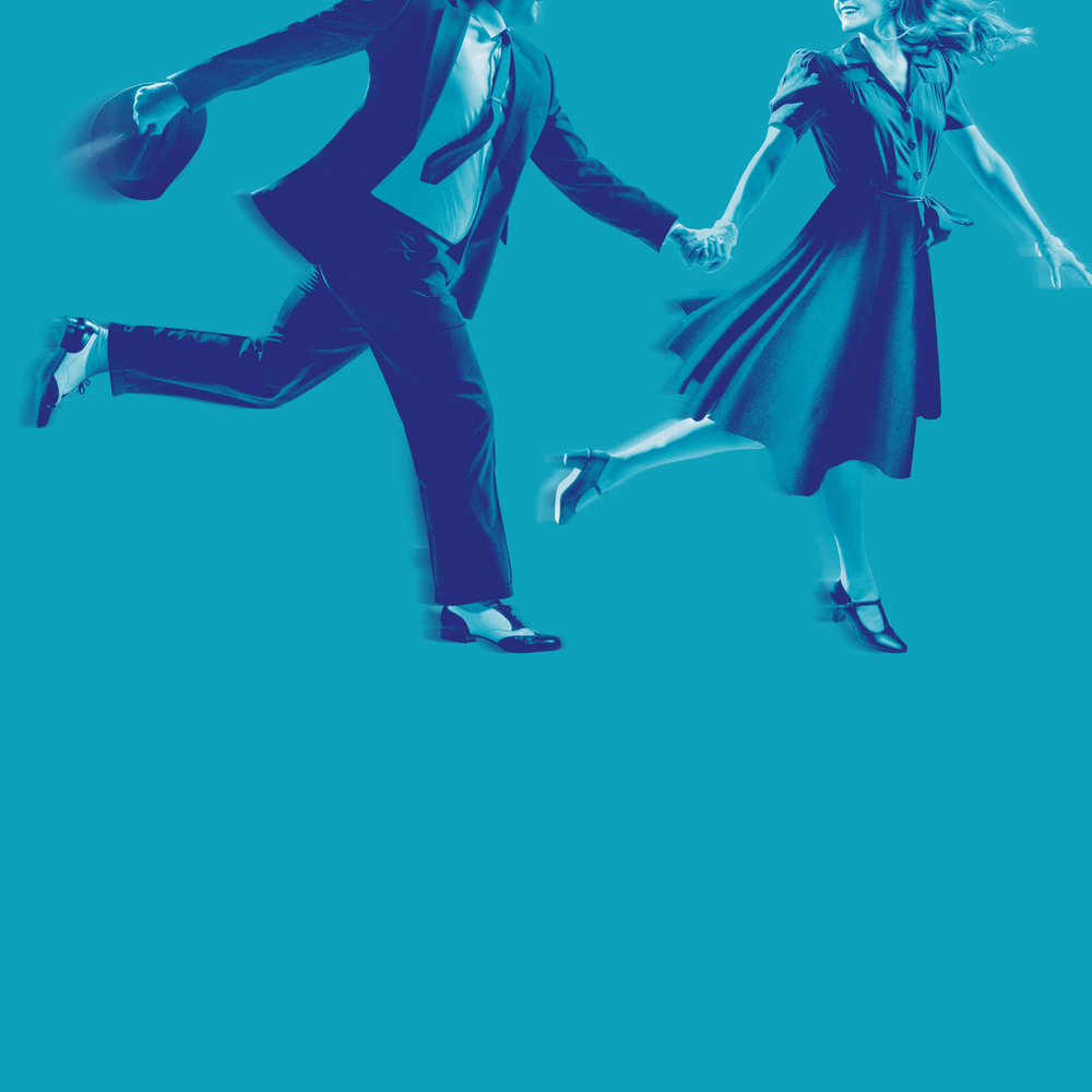 A blue illustration of a man and a woman holding hands in 1950s dress from the neck down.
